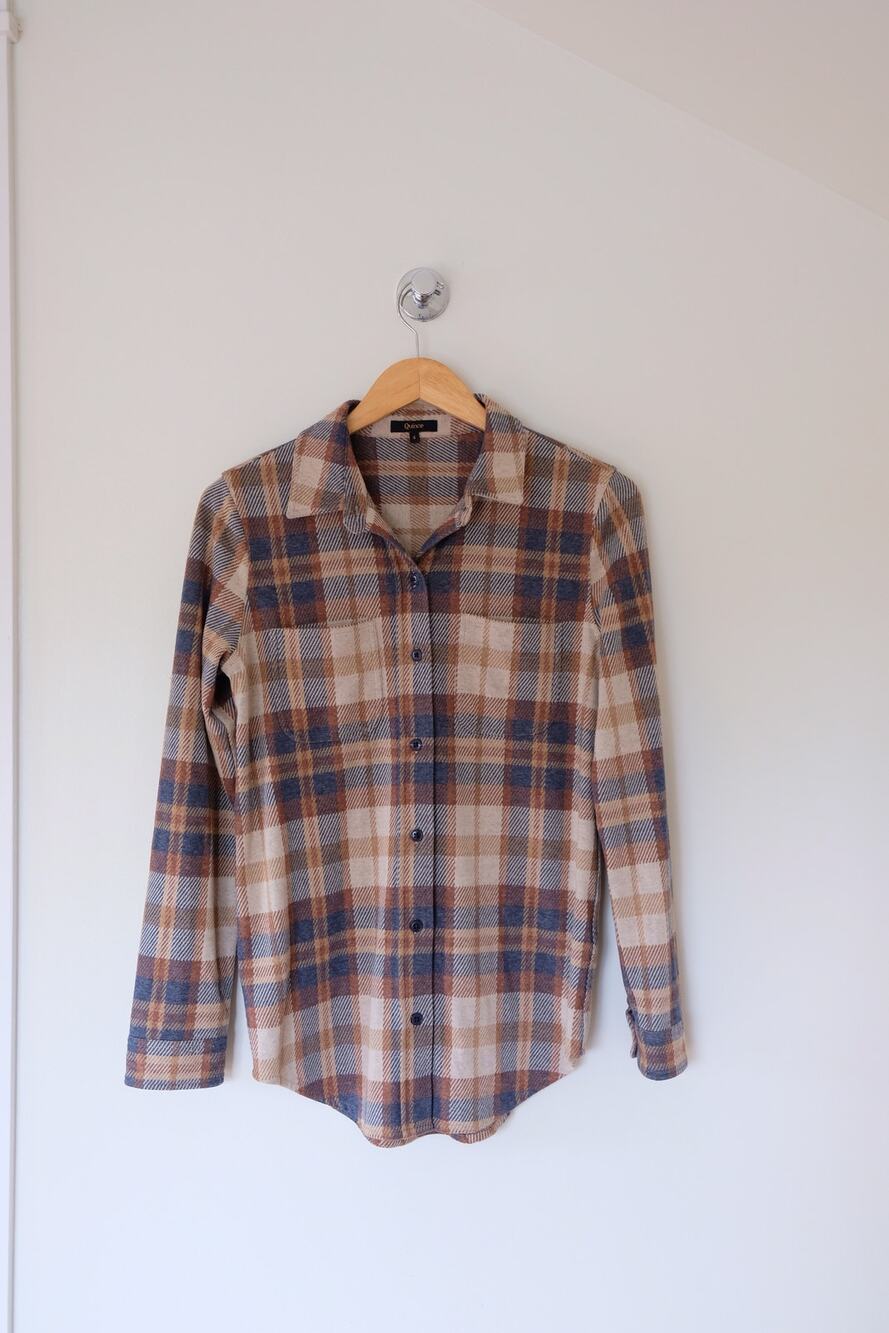 Quince Plaid Flannel Shirt Women's Small Button Up Brown Navy Cozy Cottagecore